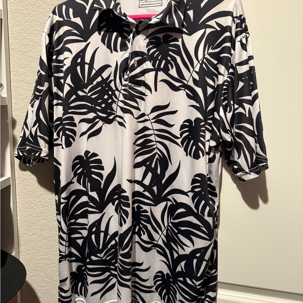 Artemis Golf Polo Black and White Tropical Print Polo Shirt (Midnight Palm)